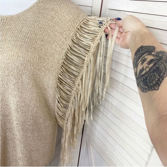 Chico’s Boho Western Tarrin Tape Yarn Fringe Poncho Sweater Taupe Tan Large XL - Picture 6 of 11